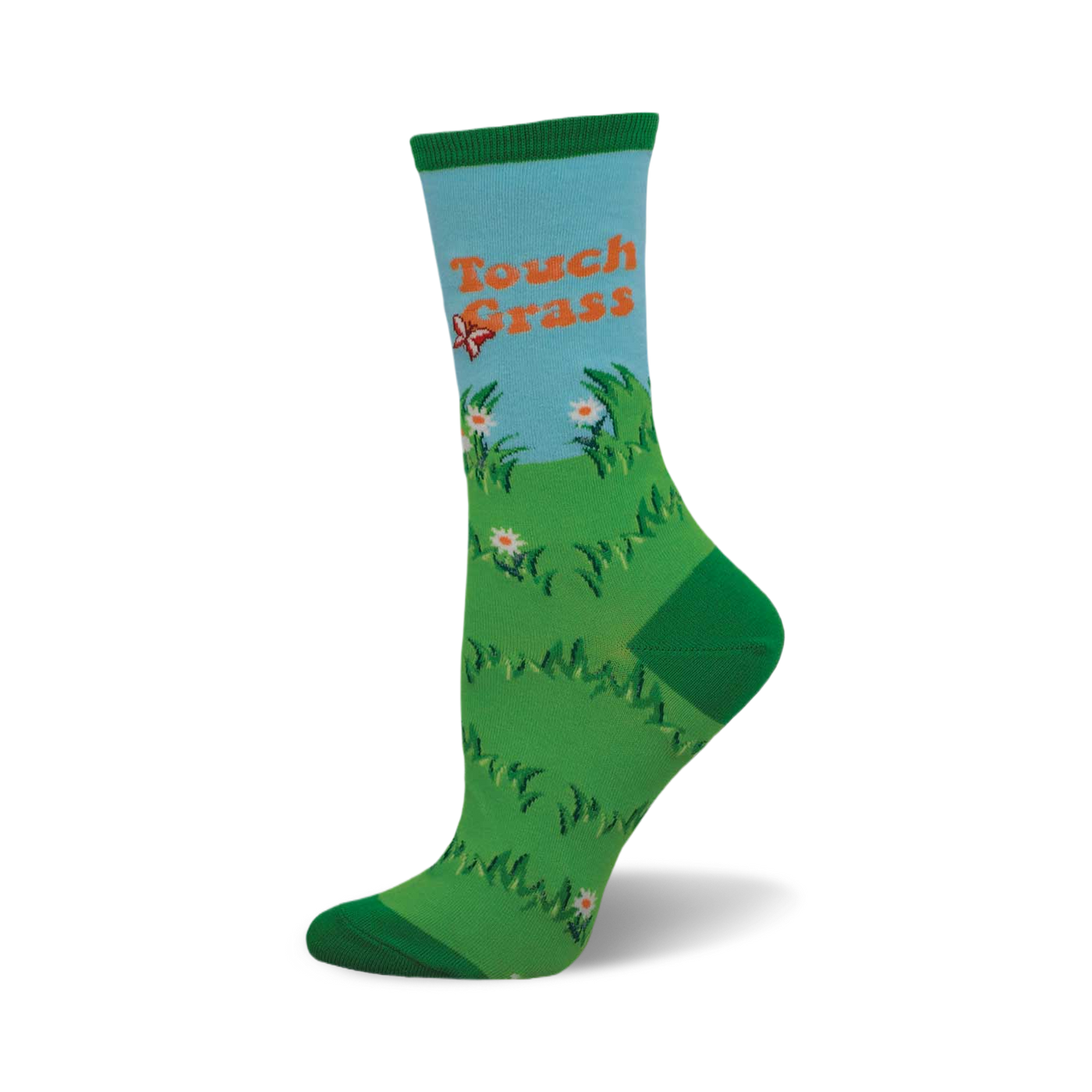 Crew socks in green and light blue, depicting a field of grass, flowers, and a butterfly with the phrase 'Touch Grass'.