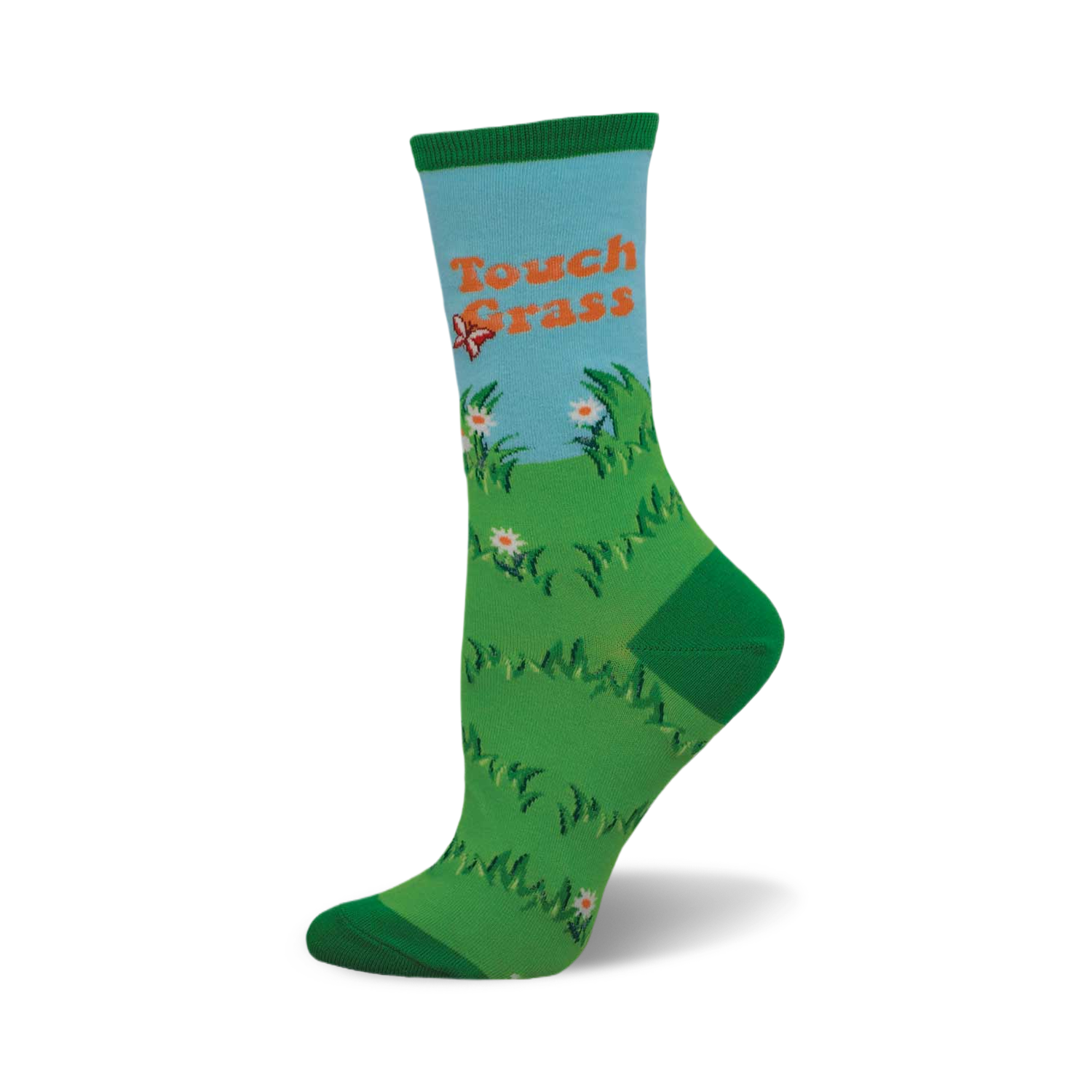 Crew socks in green and light blue, depicting a field of grass, flowers, and a butterfly with the phrase 'Touch Grass'.
