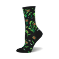 A black crew sock with a whimsical print of Venus flytraps and flies in shades of red and green. 