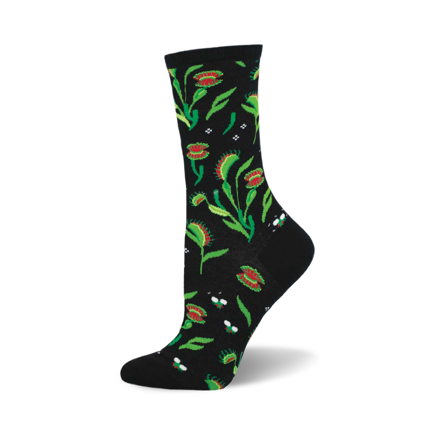 A black crew sock with a whimsical print of Venus flytraps and flies in shades of red and green. 