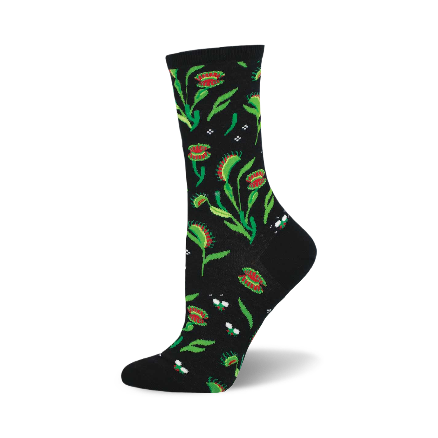 A black crew sock with a whimsical print of Venus flytraps and flies in shades of red and green. 