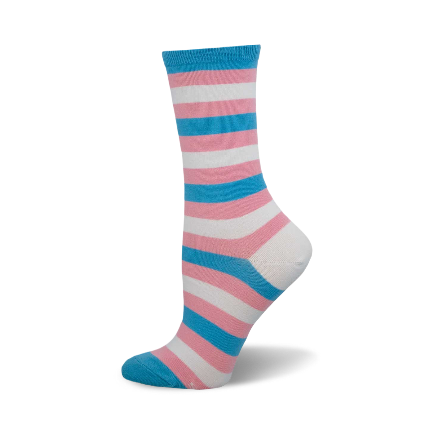 Close-up of a single crew sock in pink, white, and light blue horizontal stripes, representing the transgender pride flag.