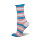 Close-up of a single crew sock in pink, white, and light blue horizontal stripes, representing the transgender pride flag.