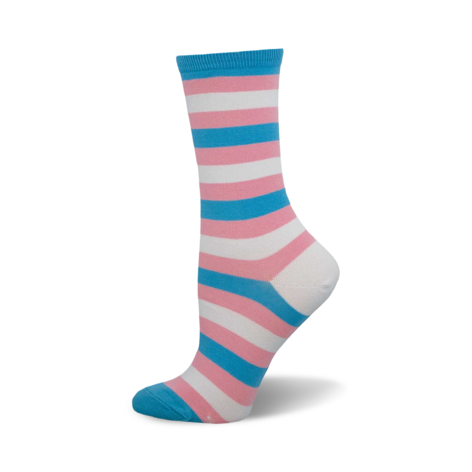 Close-up of a single crew sock in pink, white, and light blue horizontal stripes, representing the transgender pride flag.