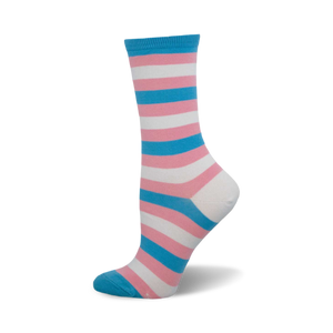 Close-up of a single crew sock in pink, white, and light blue horizontal stripes, representing the transgender pride flag.