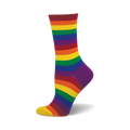 A single crew sock in a rainbow stripe pattern.  The colors are red, orange, yellow, green, blue, and purple. 