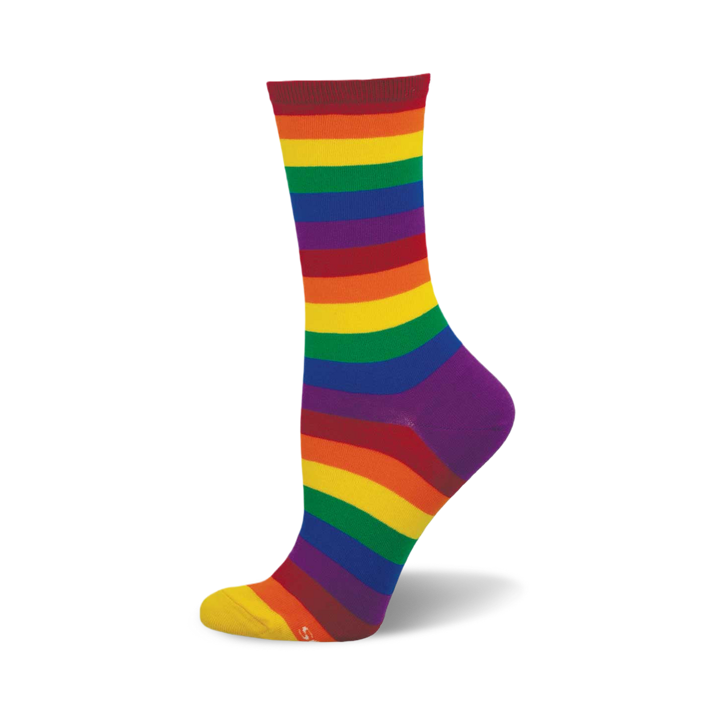 A single crew sock in a rainbow stripe pattern.  The colors are red, orange, yellow, green, blue, and purple. 