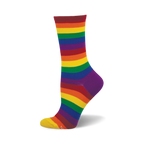A single crew sock in a rainbow stripe pattern.  The colors are red, orange, yellow, green, blue, and purple. 