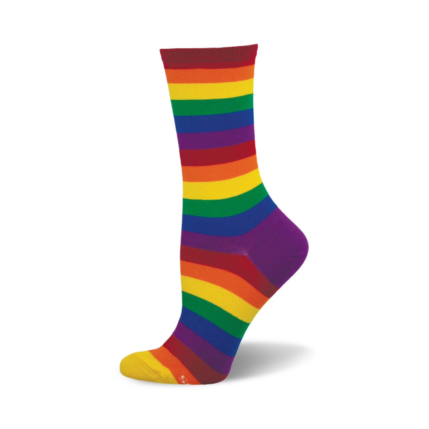 A single crew sock in a rainbow stripe pattern.  The colors are red, orange, yellow, green, blue, and purple. 