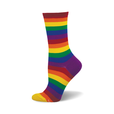 pride stripes: side view of rainbow striped cotton socks. show your pride!