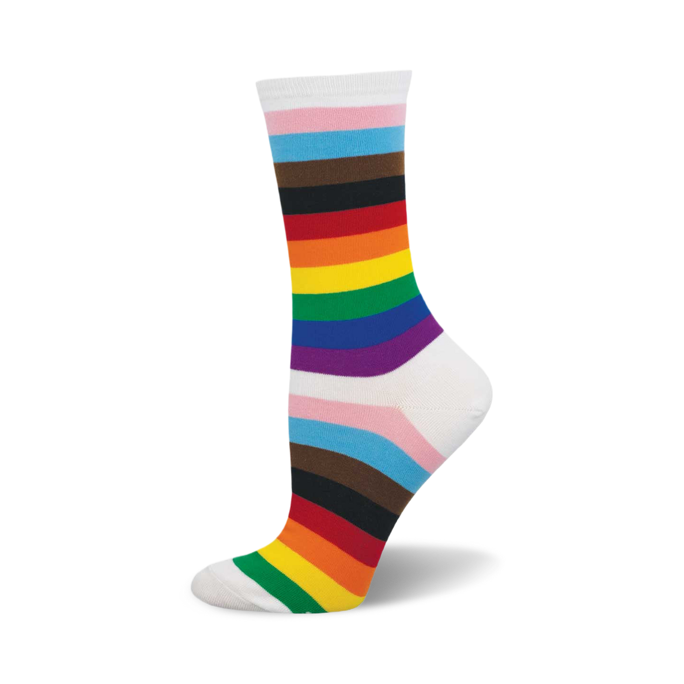 A single crew sock with horizontal stripes in pink, light blue, brown, red, orange, yellow, green, blue, and purple on a white background. The colors represent the Progress Pride flag.