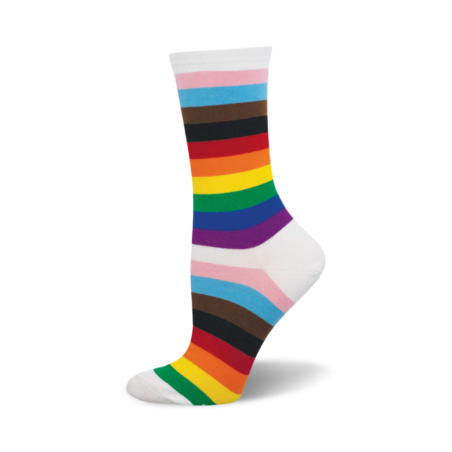 A single crew sock with horizontal stripes in pink, light blue, brown, red, orange, yellow, green, blue, and purple on a white background. The colors represent the Progress Pride flag.