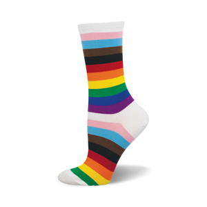 A single crew sock with horizontal stripes in pink, light blue, brown, red, orange, yellow, green, blue, and purple on a white background. The colors represent the Progress Pride flag.