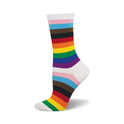 side view of "progress stripes" sock featuring rainbow stripes with added colors representing inclusivity.