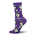 Purple crew socks with a fun pattern featuring Husky dog faces, tennis balls, and bones.