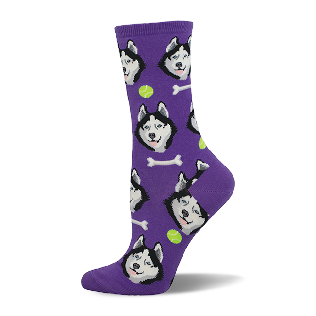 Purple crew socks with a fun pattern featuring Husky dog faces, tennis balls, and bones.