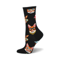 Crew socks in black with a repeating pattern of orange tabby cats wearing glasses.  Other cat breeds and small, colorful accents are also featured.