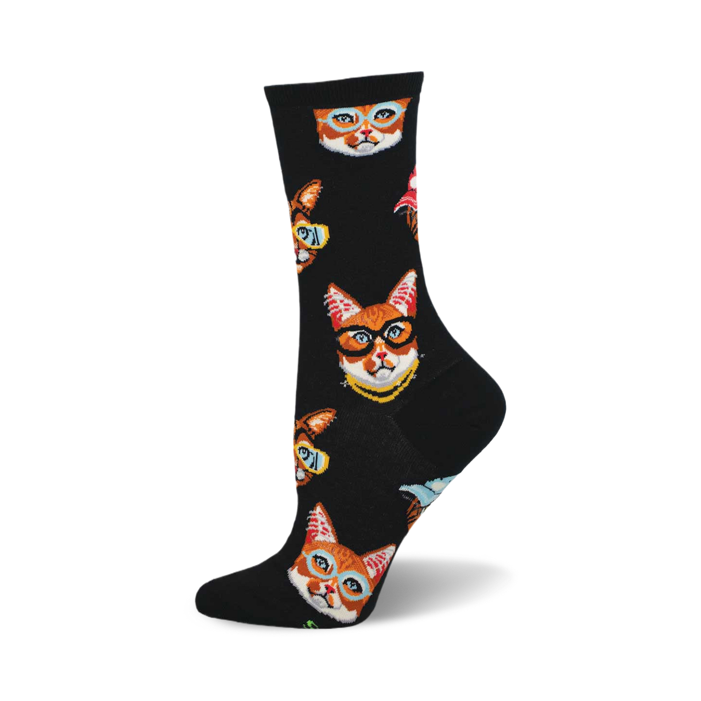 Crew socks in black with a repeating pattern of orange tabby cats wearing glasses.  Other cat breeds and small, colorful accents are also featured.