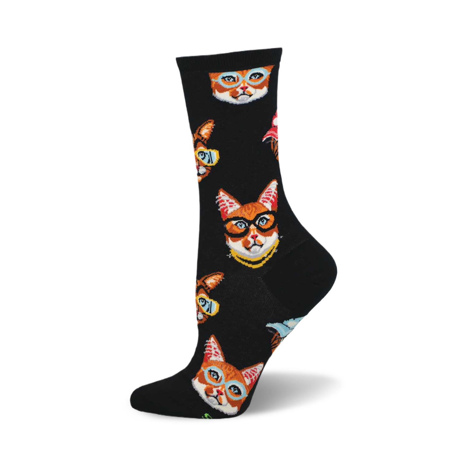 Crew socks in black with a repeating pattern of orange tabby cats wearing glasses.  Other cat breeds and small, colorful accents are also featured.