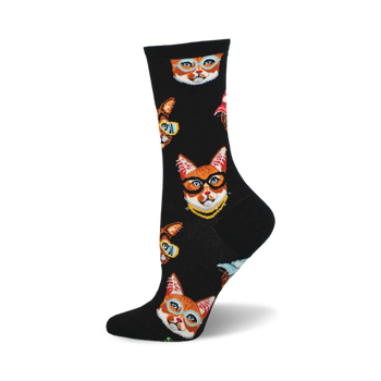 side view of 'one cool cat' socks; black socks with repeating pattern of cats wearing glasses.