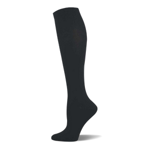 Single black solid knee-high sock shown on a foot form, with a ribbed cuff at the top.