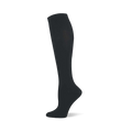 Single black solid knee-high sock shown on a foot form, with a ribbed cuff at the top.