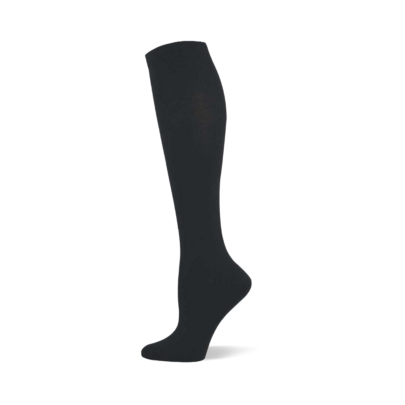 Single black solid knee-high sock shown on a foot form, with a ribbed cuff at the top.