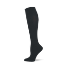 Single black solid knee-high sock shown on a foot form, with a ribbed cuff at the top.