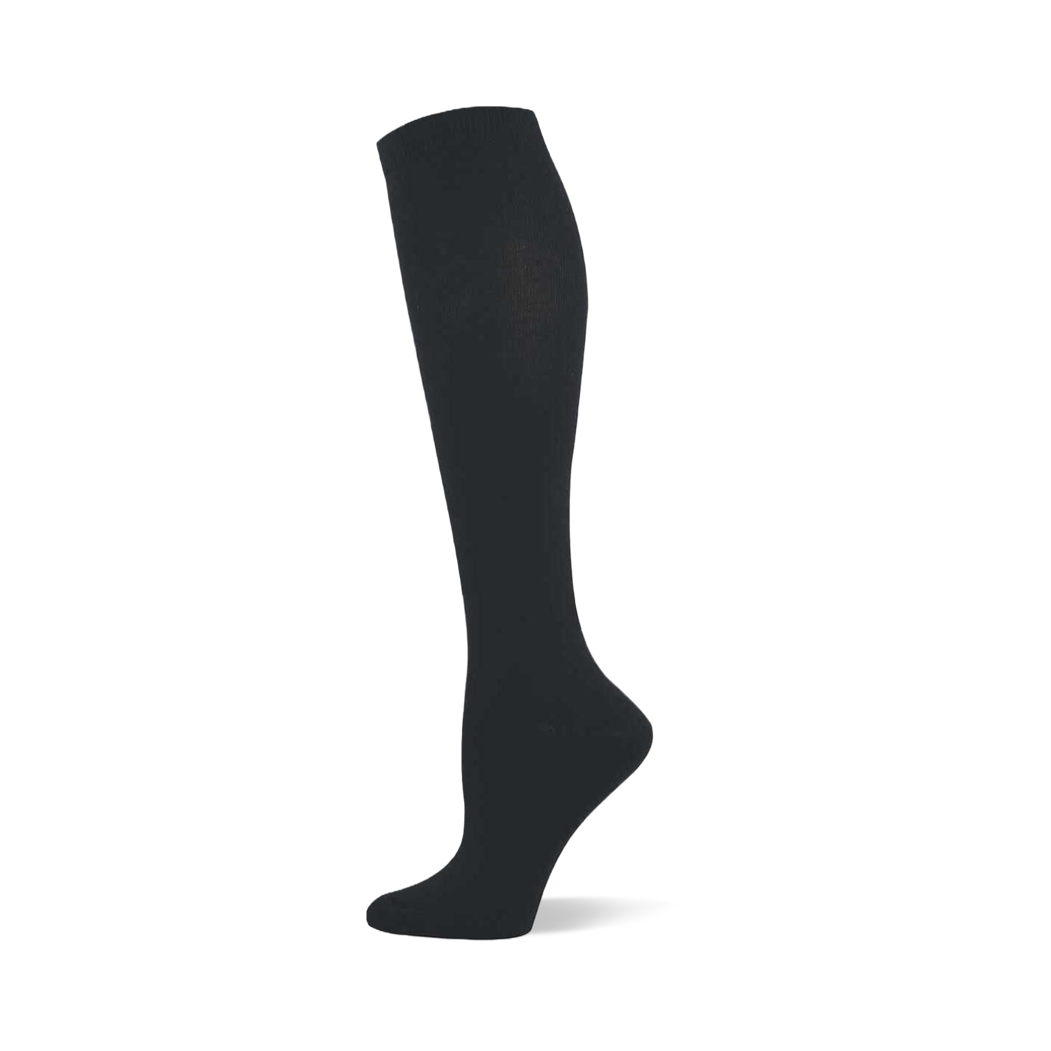 Single black solid knee-high sock shown on a foot form, with a ribbed cuff at the top.