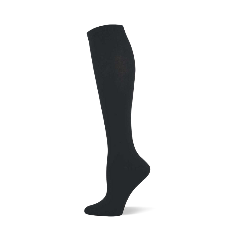 Single black solid knee-high sock shown on a foot form, with a ribbed cuff at the top.