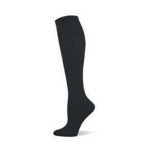 Single black solid knee-high sock shown on a foot form, with a ribbed cuff at the top.