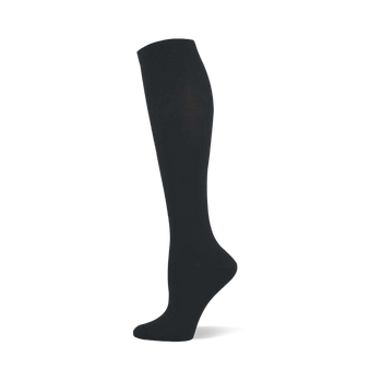 Single black solid knee-high sock shown on a foot form, with a ribbed cuff at the top.