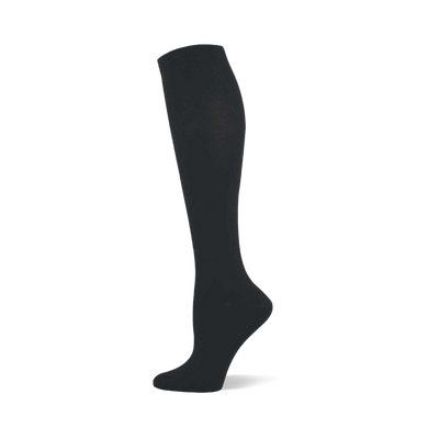 Single black solid knee-high sock shown on a foot form, with a ribbed cuff at the top.