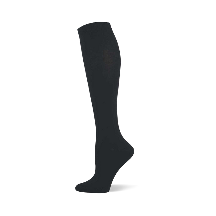 Single black solid knee-high sock shown on a foot form, with a ribbed cuff at the top.