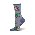 Crew socks in lavender featuring repeating design of cats playfully interacting with red and green vintage telephones. 