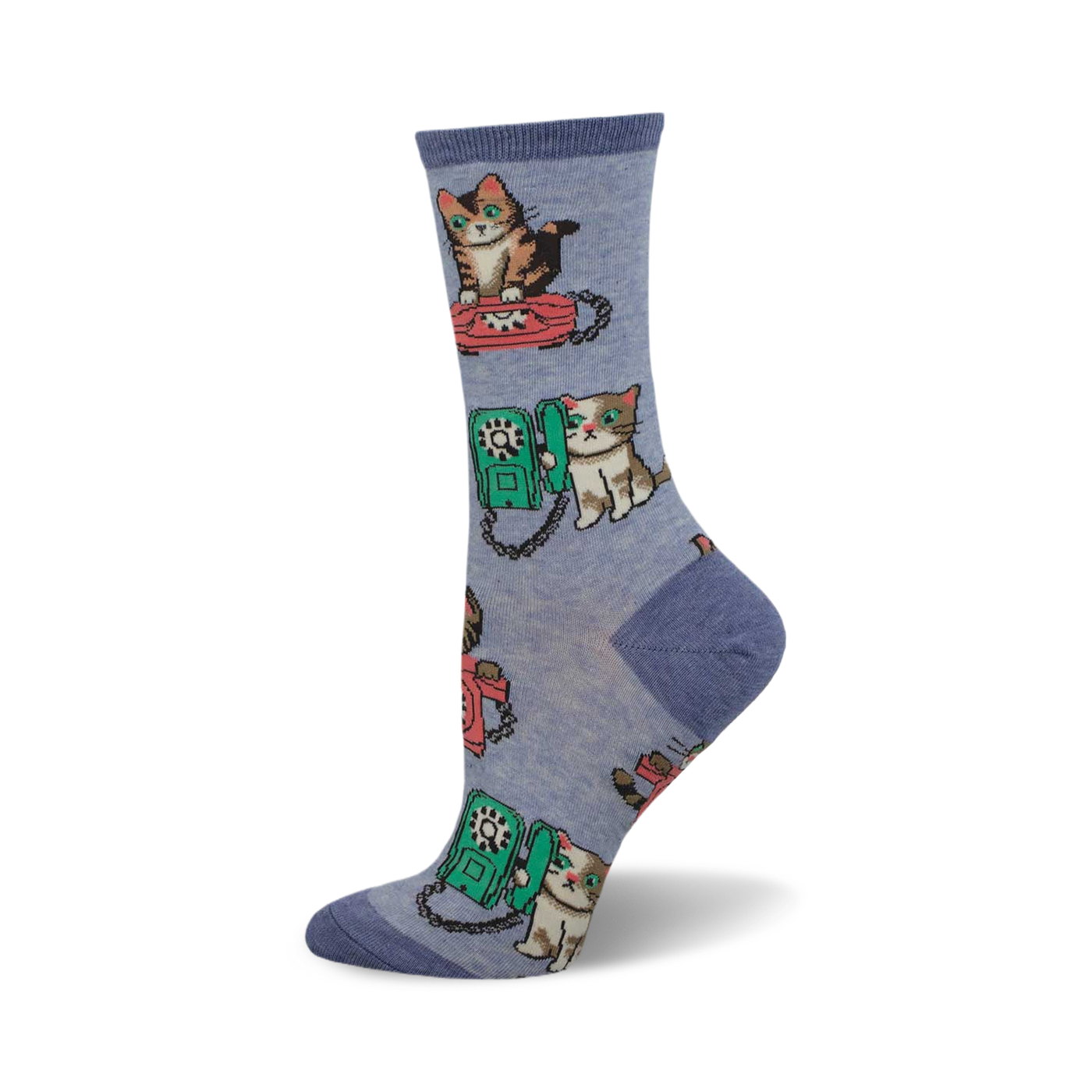 Crew socks in lavender featuring repeating design of cats playfully interacting with red and green vintage telephones. 