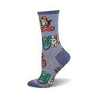 Crew socks in lavender featuring repeating design of cats playfully interacting with red and green vintage telephones. 