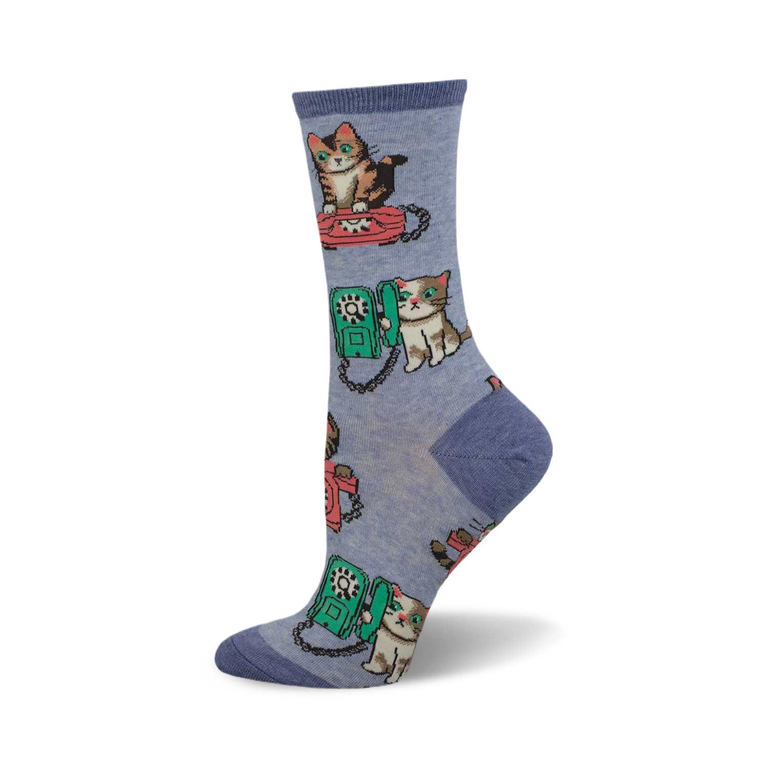 Crew socks in lavender featuring repeating design of cats playfully interacting with red and green vintage telephones. 