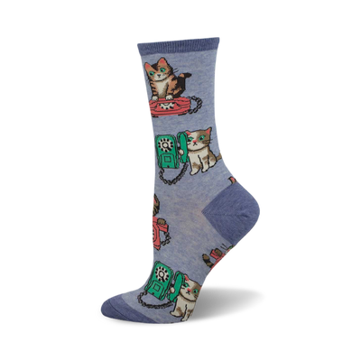 side view of "cat calls" socks; light purple socks feature repeating pattern of cats on vintage phones.