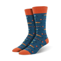 A pair of teal crew socks with a whimsical pattern of colorful fish.  Orange cuffs add a pop.