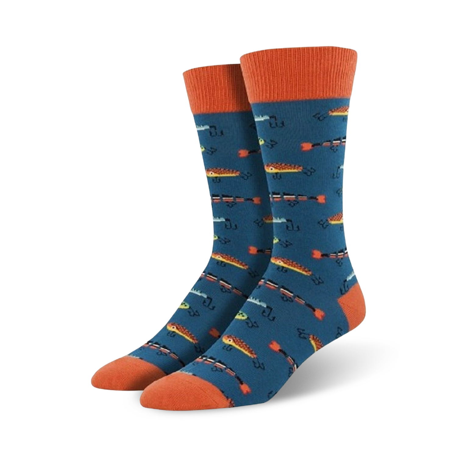 A pair of teal crew socks with a whimsical pattern of colorful fish.  Orange cuffs add a pop.