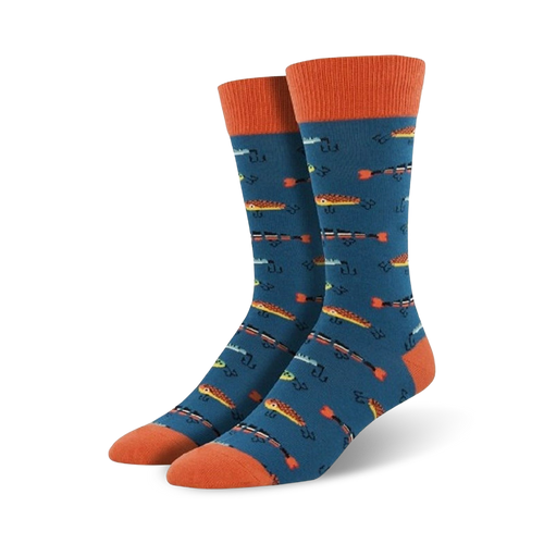 A pair of teal crew socks with a whimsical pattern of colorful fish.  Orange cuffs add a pop.