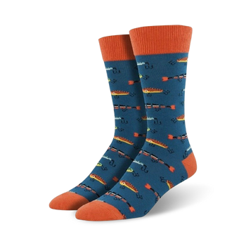 mens crew socks in electric blue with all-over pattern of orange fish & fish hooks. heel and toe cap are orange.   