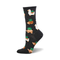 A side view of a charcoal grey crew sock with a repeating pattern of llamas, hedgehogs, and tortoises carrying succulents.