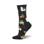 A side view of a charcoal grey crew sock with a repeating pattern of llamas, hedgehogs, and tortoises carrying succulents.