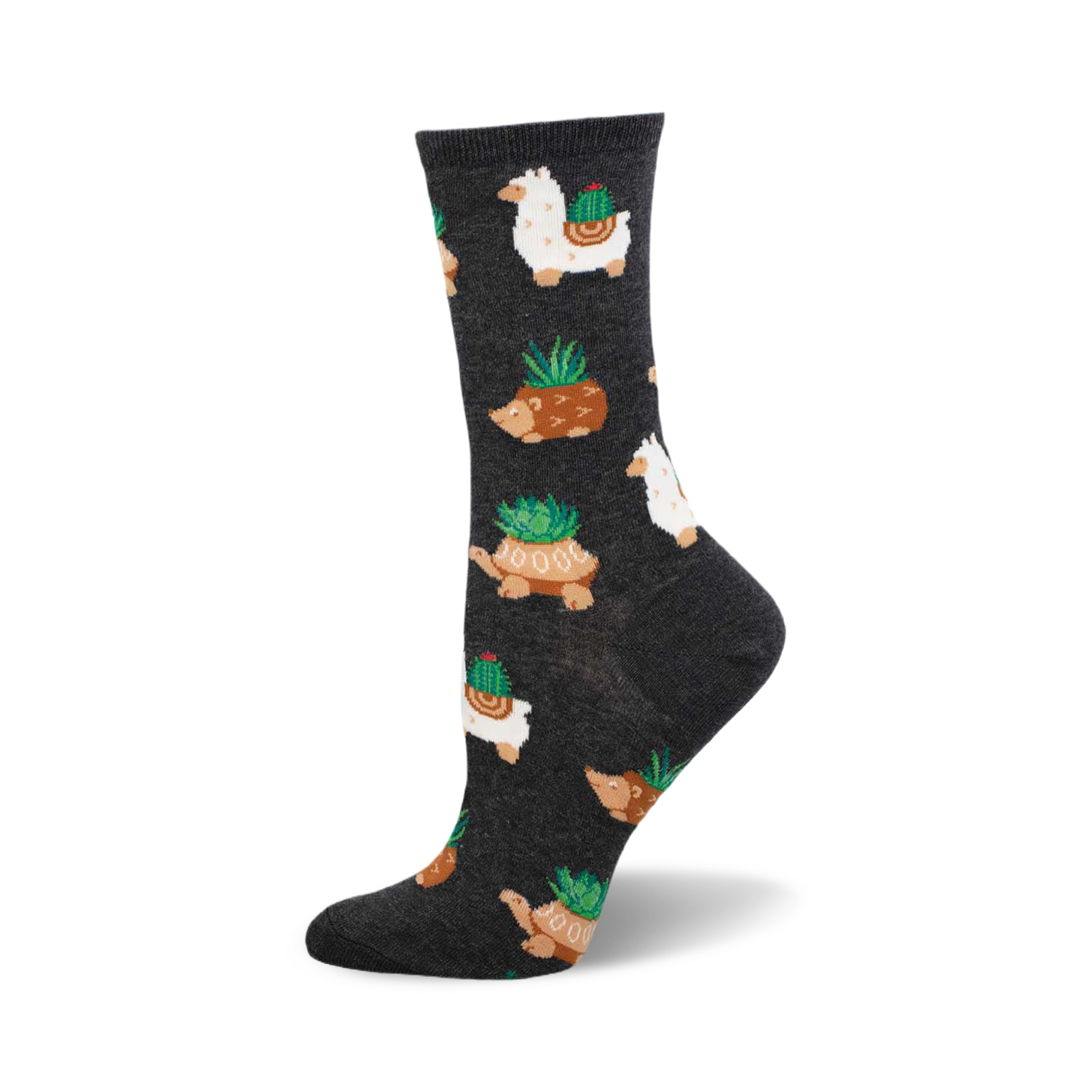 A side view of a charcoal grey crew sock with a repeating pattern of llamas, hedgehogs, and tortoises carrying succulents.