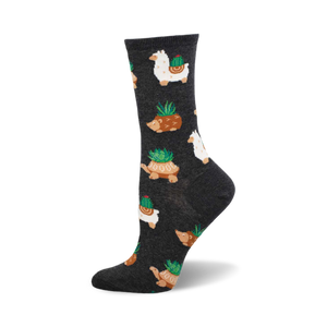 A side view of a charcoal grey crew sock with a repeating pattern of llamas, hedgehogs, and tortoises carrying succulents.