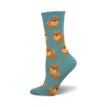 A teal crew sock with a repeating pattern of orange Pomeranian dogs. Each dog has a small pink bow.