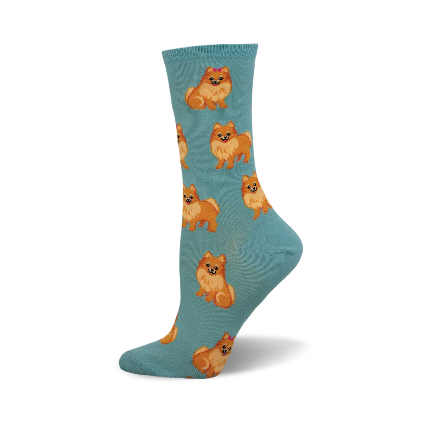 A teal crew sock with a repeating pattern of orange Pomeranian dogs. Each dog has a small pink bow.
