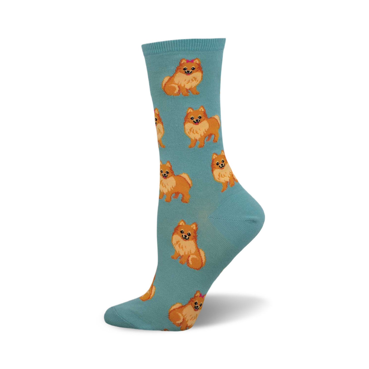 A teal crew sock with a repeating pattern of orange Pomeranian dogs. Each dog has a small pink bow.
